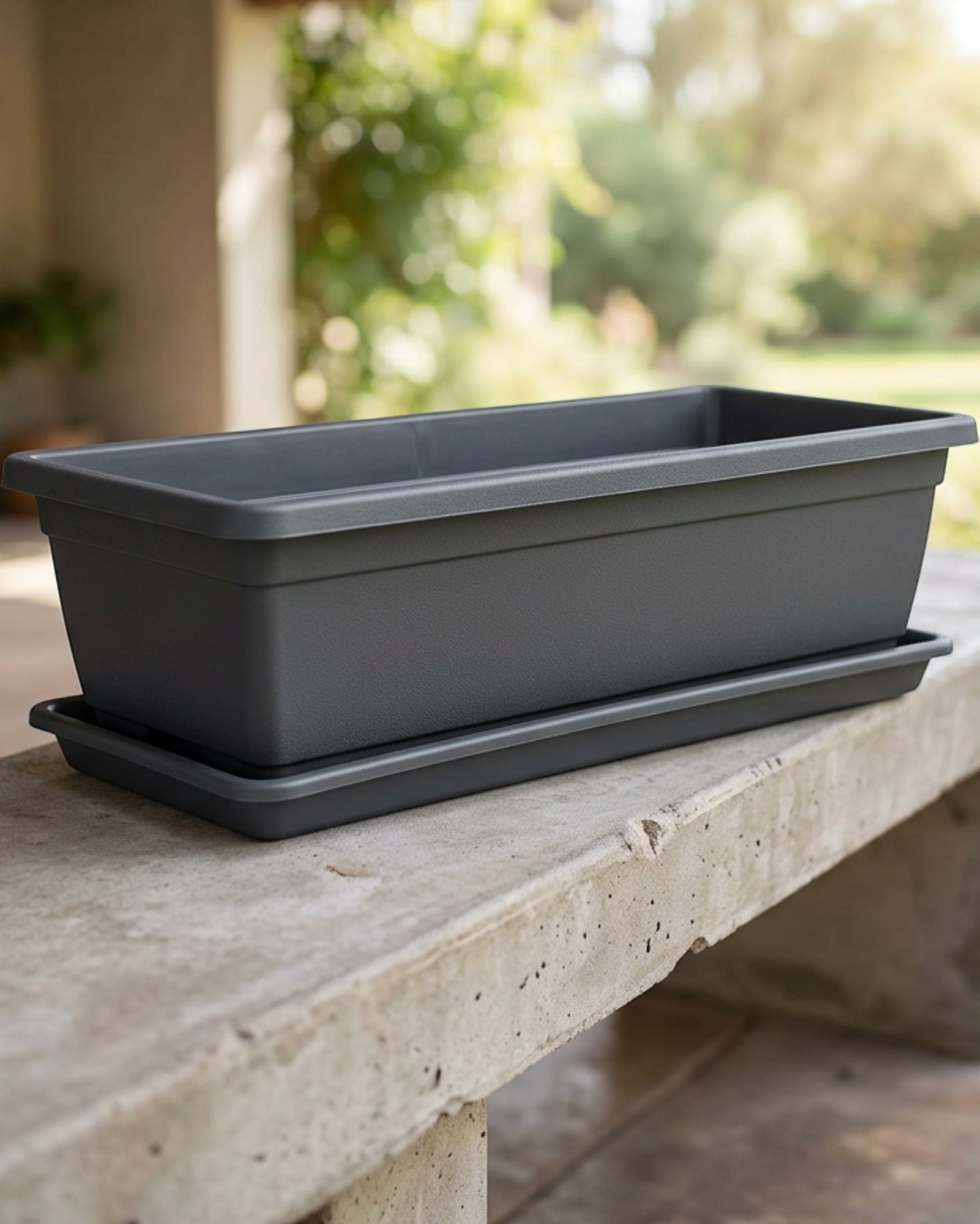 Fndzk Troughline Plastic Planter 18 in Charcoal with Tray - Lifestyle view
