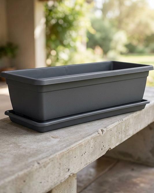 Fndzk Troughline Plastic Planter 18 in Charcoal with Tray - Lifestyle view