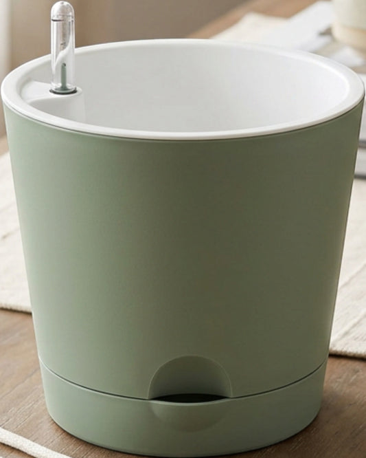 Fndzk Wickwell Self-Watering Plastic Planter 7 in Sage Set - Lifestyle view
